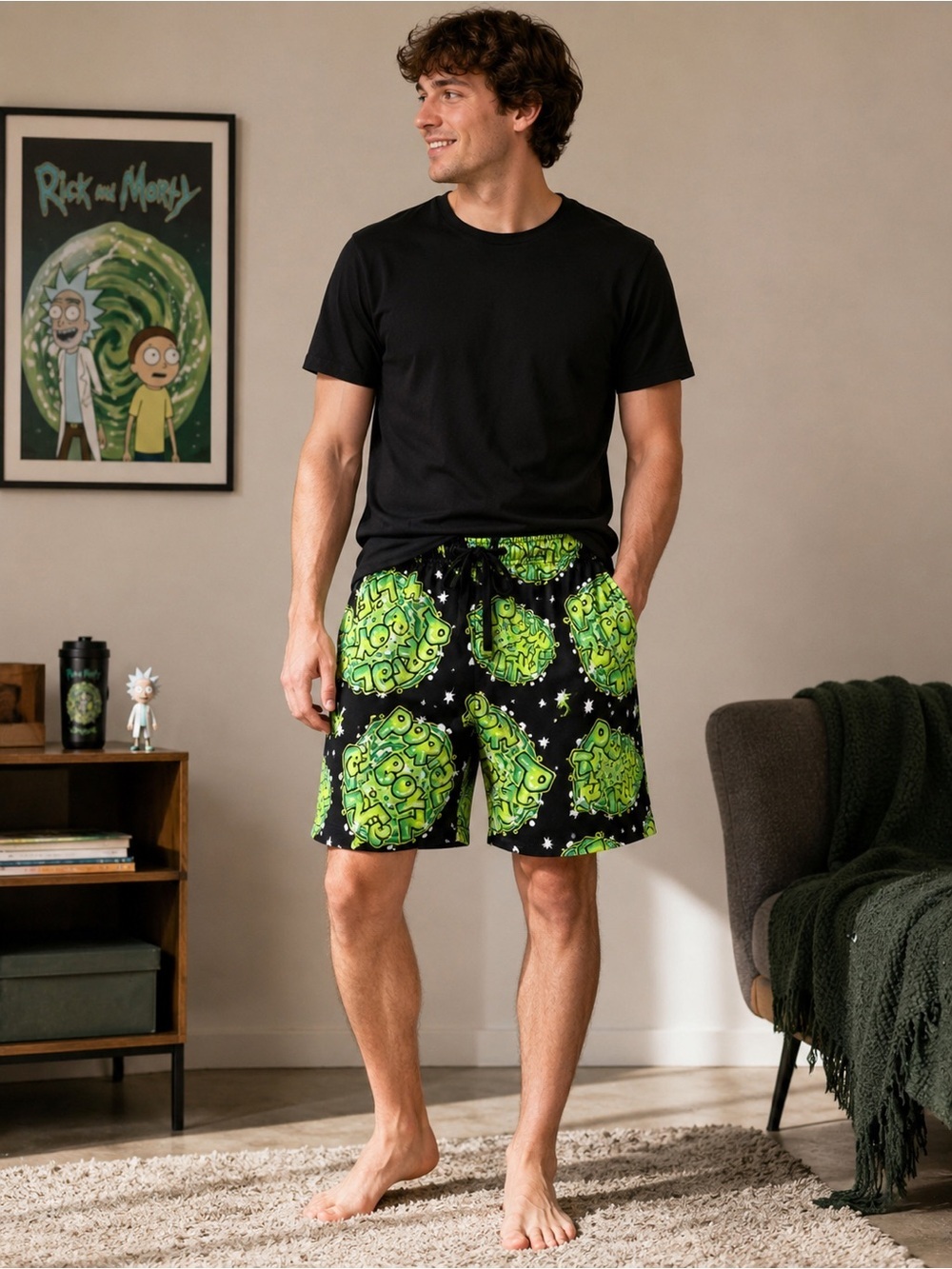 Rick and Morty Portal Lounge Pajama Shorts Adult Swim 2XL Green Black